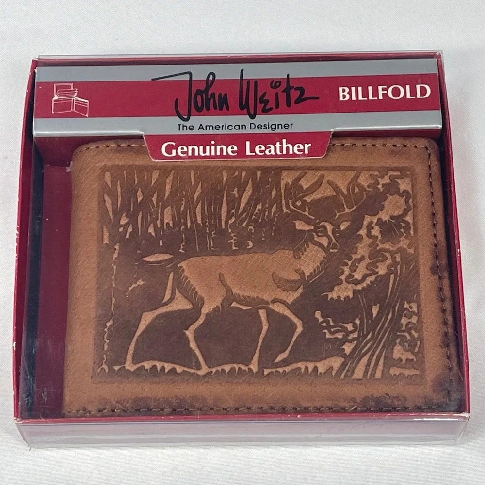 John Weitz VTG Full Grain Leather Bifold Wallet Embossed Deer Brown Billfold NOS